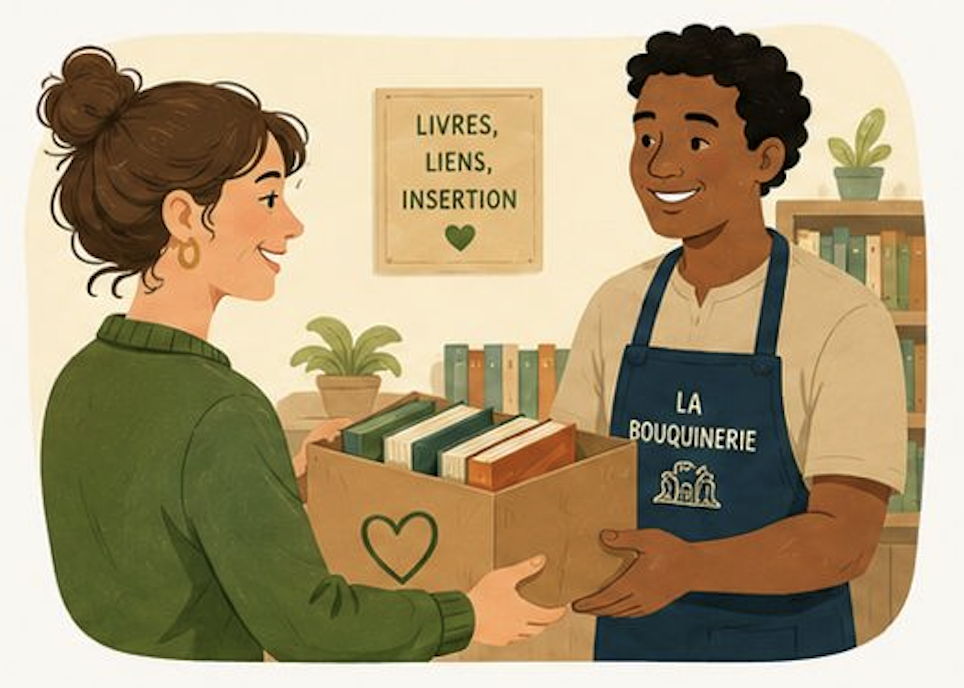 Une cliente remet ses livres à un salarié La Bouquinerie.